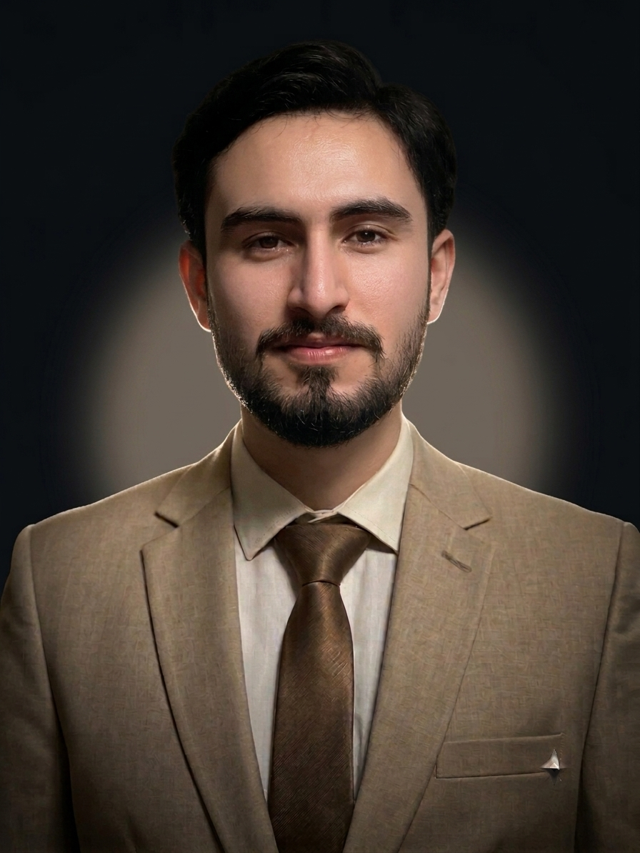 Portrait of the video editor in a tan suit